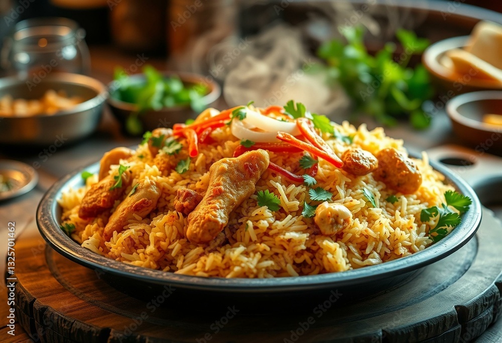 Aromatic Biryani with tender chicken and crispy onions Aromatic Biryani with tender chicken and crispy onions