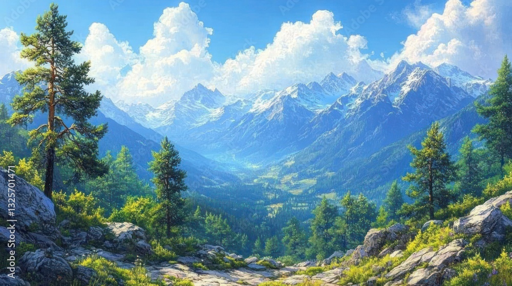Fototapeta premium Mountain valley scenic view, summer, travel poster