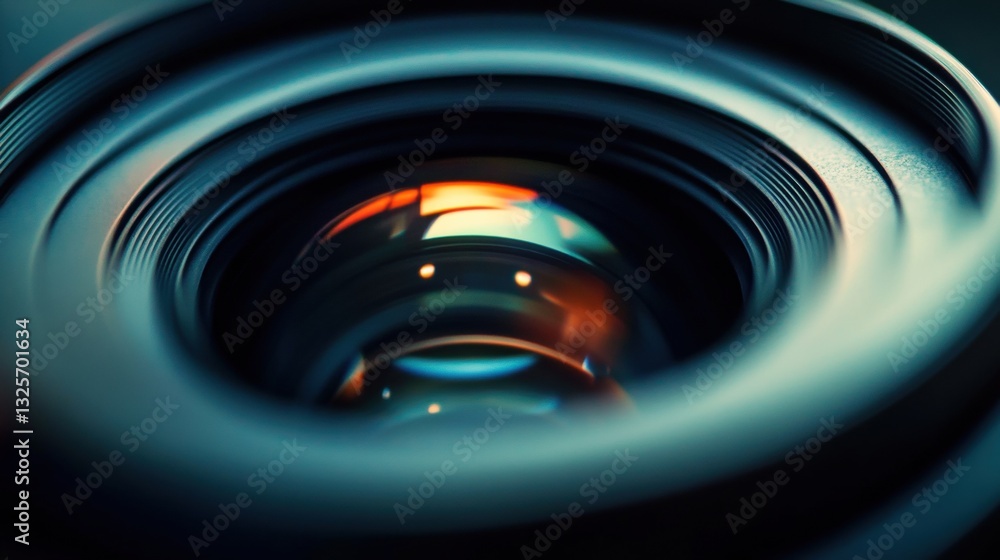 Obraz premium Close-up View of a Camera Lens Showing Reflections and Details of Aperture Mechanism and Glass Elements in Soft Focus with Rich Color Tones