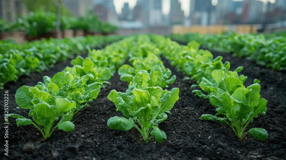 Rows of vibrant green leafy vegetables growing in rich dark soil on a rooftop farm with a city skyline in the background. Rows of vibrant green leafy vegetables growing in rich dark soil on a rooftop farm with a city skyline in the background.