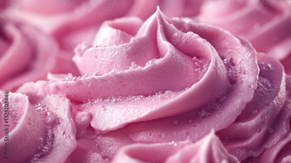 A close up view of pink creamy frosting swirls and texture A close up view of pink creamy frosting swirls and texture