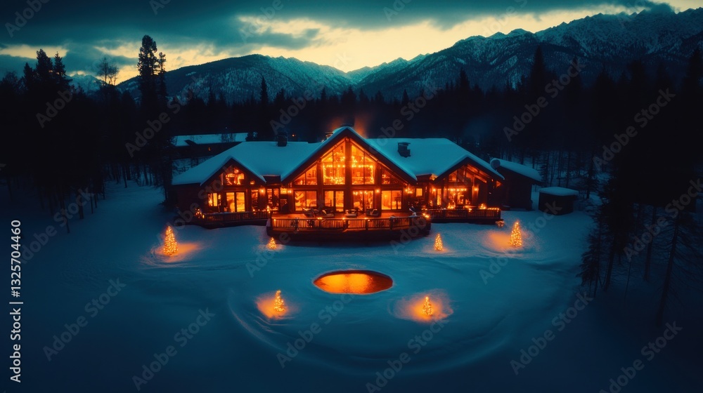 Fototapeta premium A Cozy Illuminated Winter Cabin Surrounded by Snow and Mountains