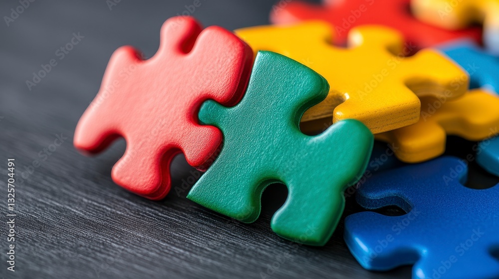 Fototapeta premium Colorful Puzzle Pieces on a Dark Wood Surface for Creative Backgrounds