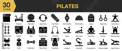 Pilates solid icon set. Includes active, lifestyle, stretching, balance, stretch, and More. Solid icons vector collection.