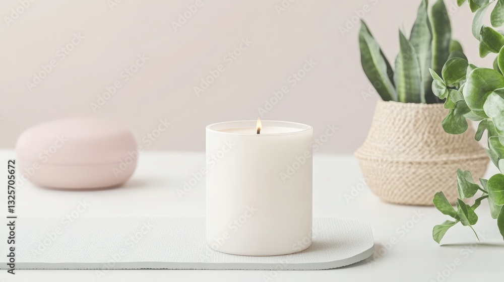 A lit candle sits on a white surface next to a pink container and a potted plant. The scene is calming and serene. A lit candle sits on a white surface next to a pink container and a potted plant. The scene is calming and serene.