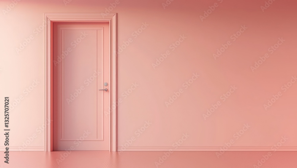 Empty 3D mockup of a pink room with just a wall and door.