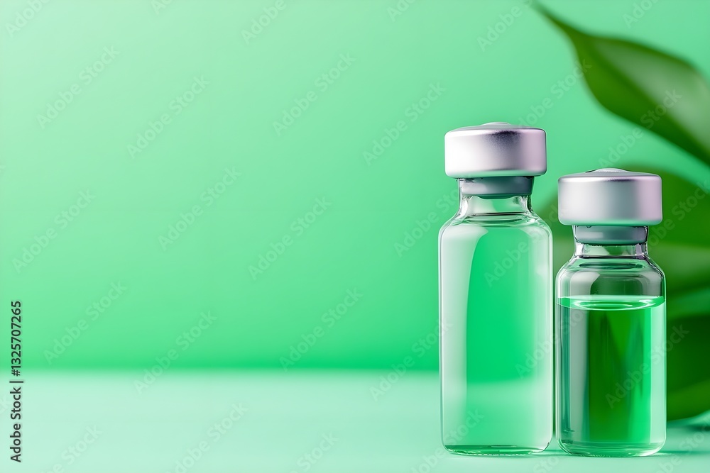 Two green bottles of medicine sit on a green background Two green bottles of medicine sit on a green background