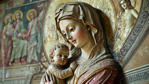 Sacred mother and child statue: spiritual serenity with historical art background
