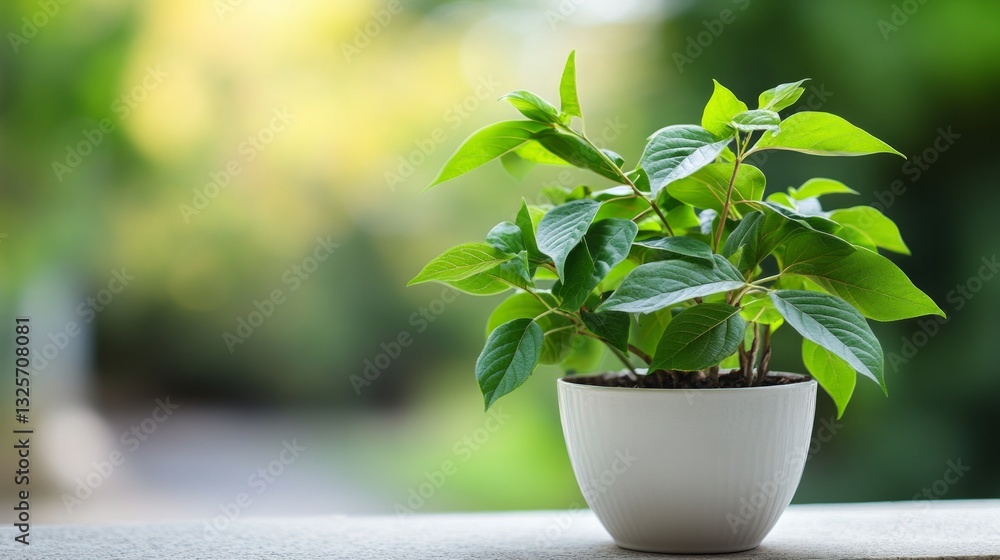 Fresh Green Plant in White Pot with Blurry Background Nature Fresh Green Plant in White Pot with Blurry Background Nature
