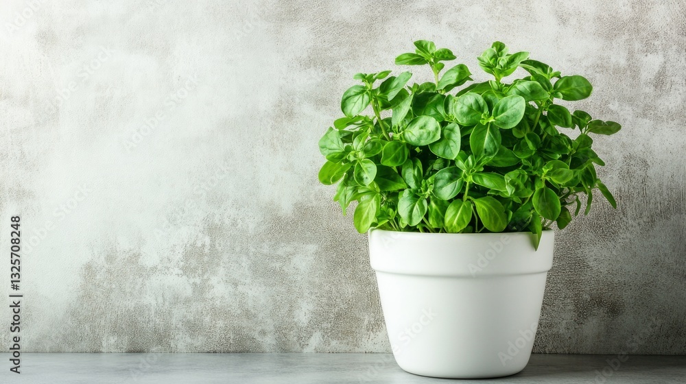 Fresh Basil Plant in White Pot Against Textured Gray Background Fresh Basil Plant in White Pot Against Textured Gray Background