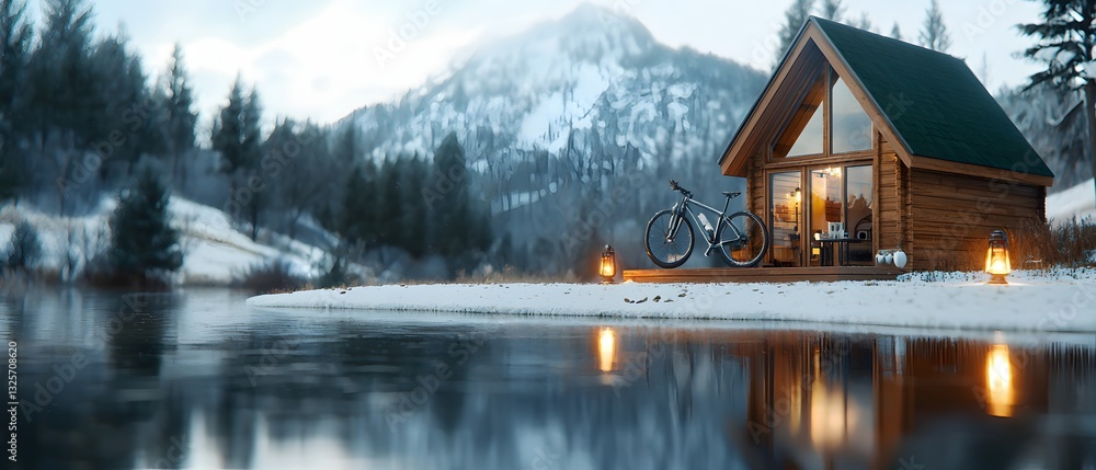 Fototapeta premium Breathtaking winter cabin retreat by serene lake snowy mountain landscape tranquil nature scene aesthetic view