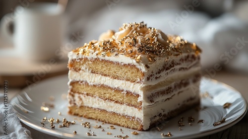 Delicious layered cake with elegant gold leaf decorations on a plate