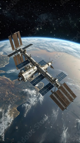 Fototapeta Naklejka Na Ścianę i Meble -  Rendering of a Space Station Orbiting Earth With Solar Panels and Low Resolution Details Generative AI