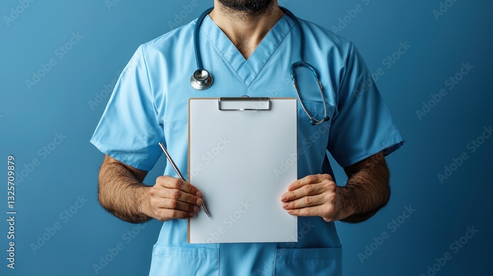 A medical professional in uniform holding a blank clipboard A medical professional in uniform holding a blank clipboard