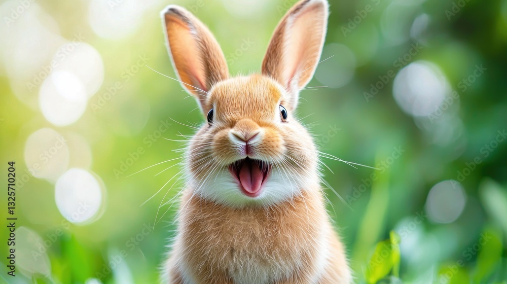 Obraz premium A Cute Brown Bunny with Mouth Open in Green Grass
