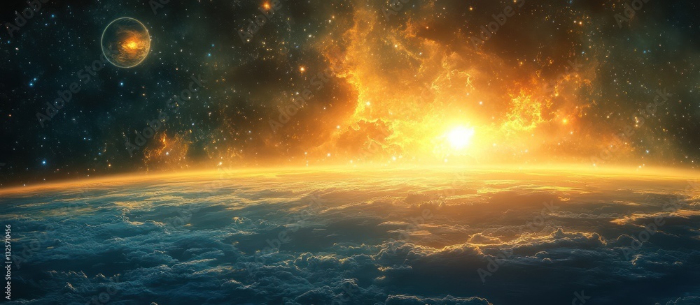 Fototapeta premium Planet sunrise, cosmic nebula, space art