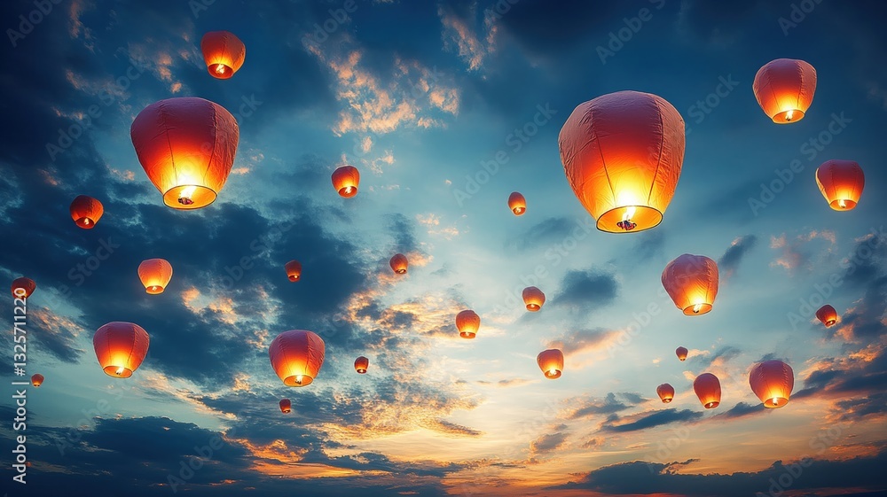 Fototapeta premium Floating lanterns illuminate night sky during vibrant festival, creating magical atmosphere