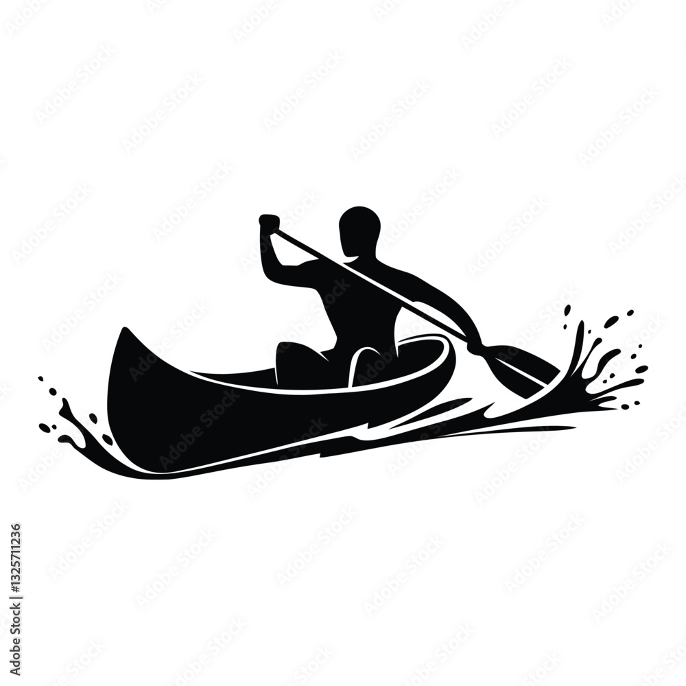 Fototapeta premium Canoe paddling Silhouette, Vector, Icon, Logo, White Background.