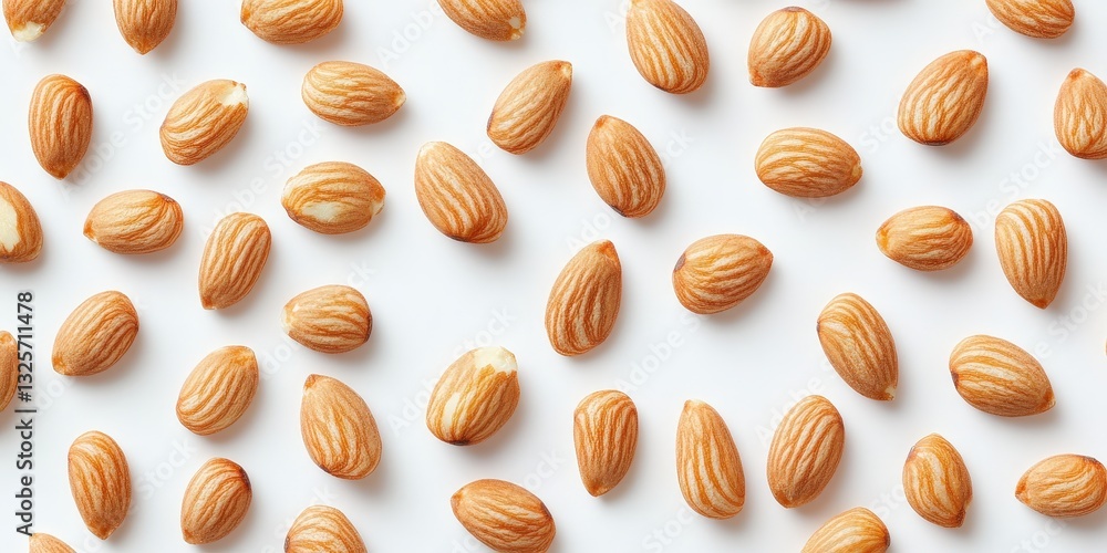 Close-up of layered almonds on a pristine white surface, artfully arranged from larger to smaller pieces in perfect symmetry. Each row forms a delicate cascade, creating an elegant, textured pattern Close-up of layered almonds on a pristine white surface, artfully arranged from larger to smaller pieces in perfect symmetry. Each row forms a delicate cascade, creating an elegant, textured pattern