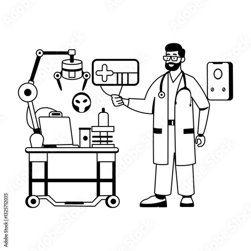 A glyph illustration of a medical robot assisting a doctor 

