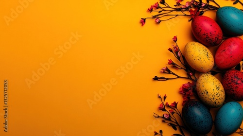 Colorful decorated eggs and floral branches on a yellow background