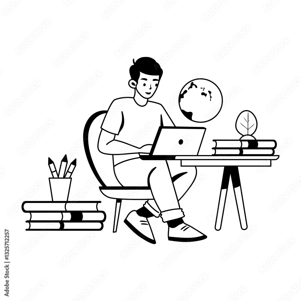 Online learning on laptop, glyph style illustration Online learning on laptop, glyph style illustration