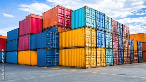 Colorful shipping containers stacked in industrial port create vibrant scene