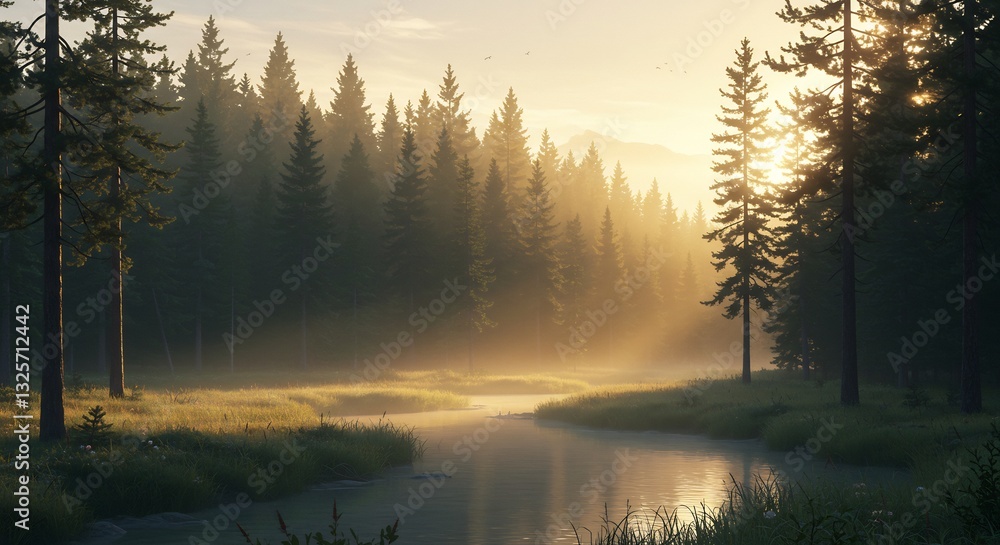 Fototapeta premium Golden sunlight bathes tranquil forest scene. AI Generated