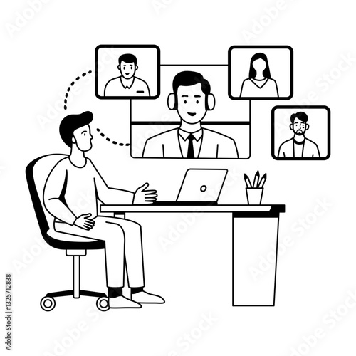 A glyph illustration of characters doing online meeting 

