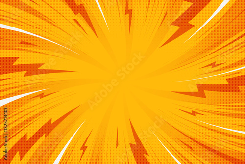 Comic book background with frame of swirl lightnings. Pop art cartoon radial rays. Abstract vector explosion effect backdrop with halftone manga graphic. Sunburst color wallpaper.