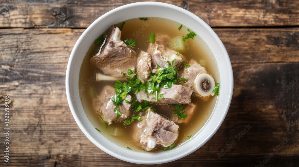 Delicious Bone Broth: Elevated View of Pork Bone Soup in a White Bowl Set on a Rustic Wooden Table Delicious Bone Broth: Elevated View of Pork Bone Soup in a White Bowl Set on a Rustic Wooden Table