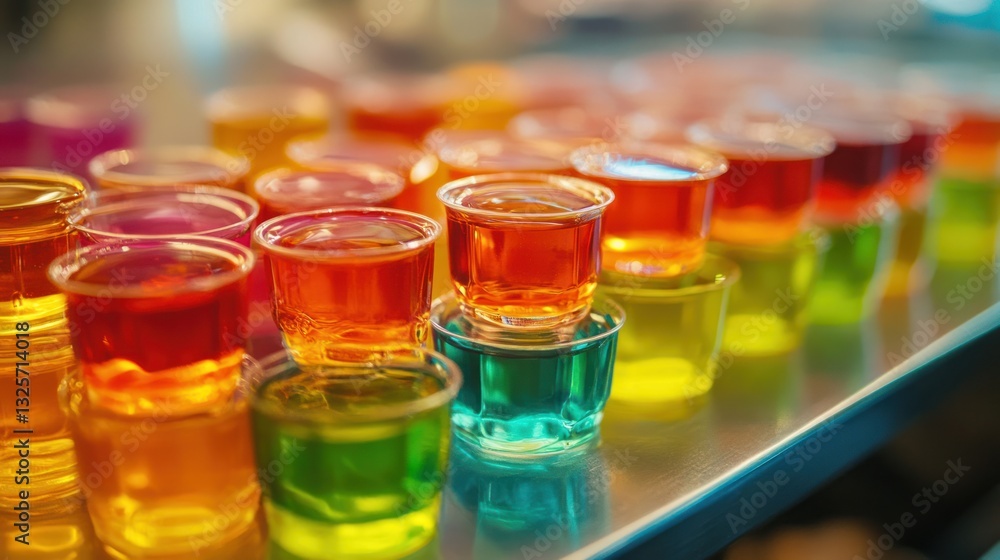 Colorful Jello Shots in Rows on a Countertop