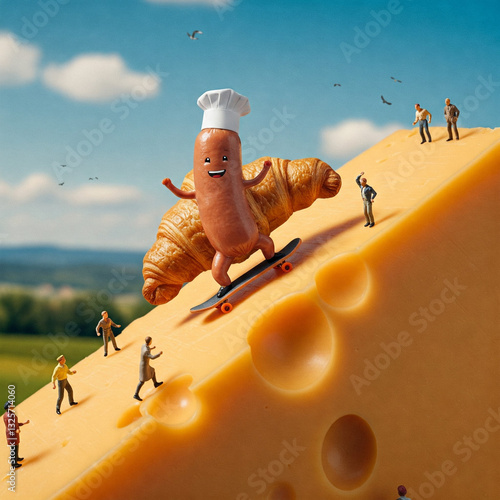 Hot dog and croissant skateboarding on cheese 