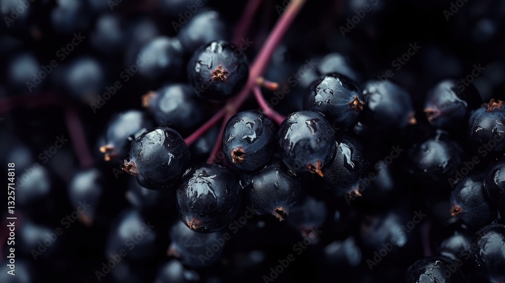 Close-up of Fresh Black Elderberries with Dew Drops on Dark Background for Culinary and Health Uses in Natural Settings Close-up of Fresh Black Elderberries with Dew Drops on Dark Background for Culinary and Health Uses in Natural Settings