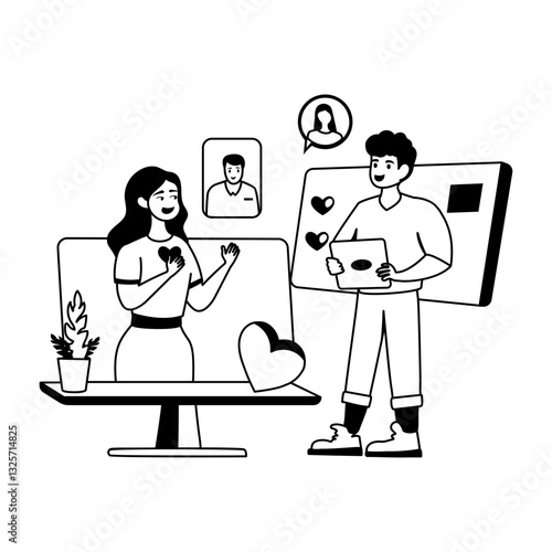 A glyph illustration of two characters doing virtual dating 

