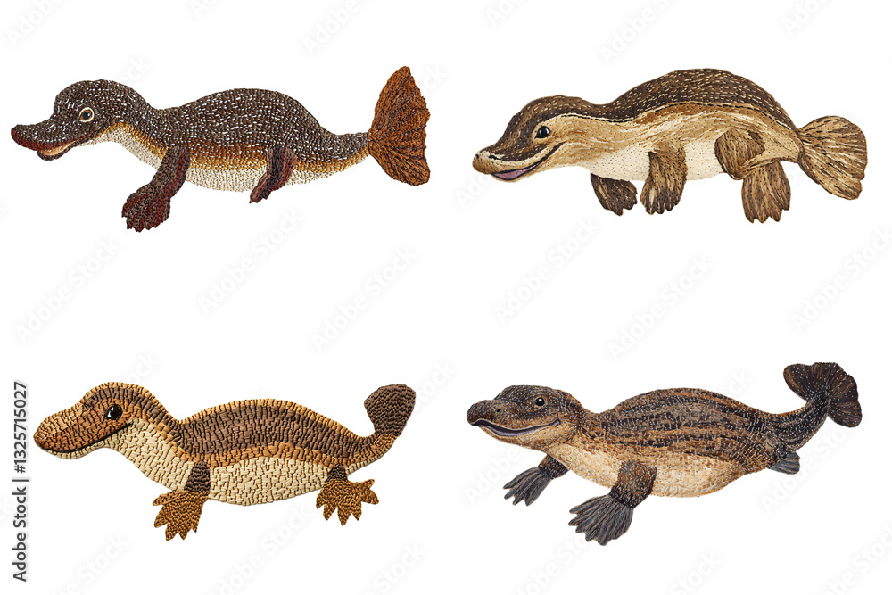 Naklejka premium Unique platypus and duckbill creatures artistic representation wildlife illustration indoor studio close-up nature concept