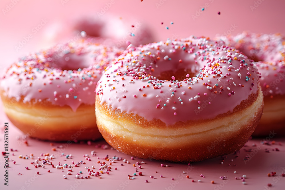 A vibrant donut with icing and sprinkles, with sprinkles appearing to explode in the air A vibrant donut with icing and sprinkles, with sprinkles appearing to explode in the air