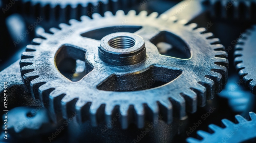 Close-Up View of Metallic Gears with Intricate Textures and Patterns in a Complex Machinery Setting Close-Up View of Metallic Gears with Intricate Textures and Patterns in a Complex Machinery Setting