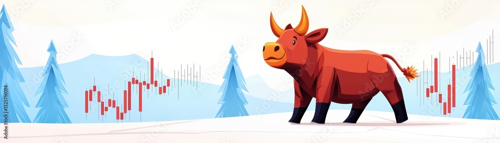 Fototapeta premium Economic Impact Cartoon Concept Featuring Bull in Winter Landscape with Oil Well Graphics