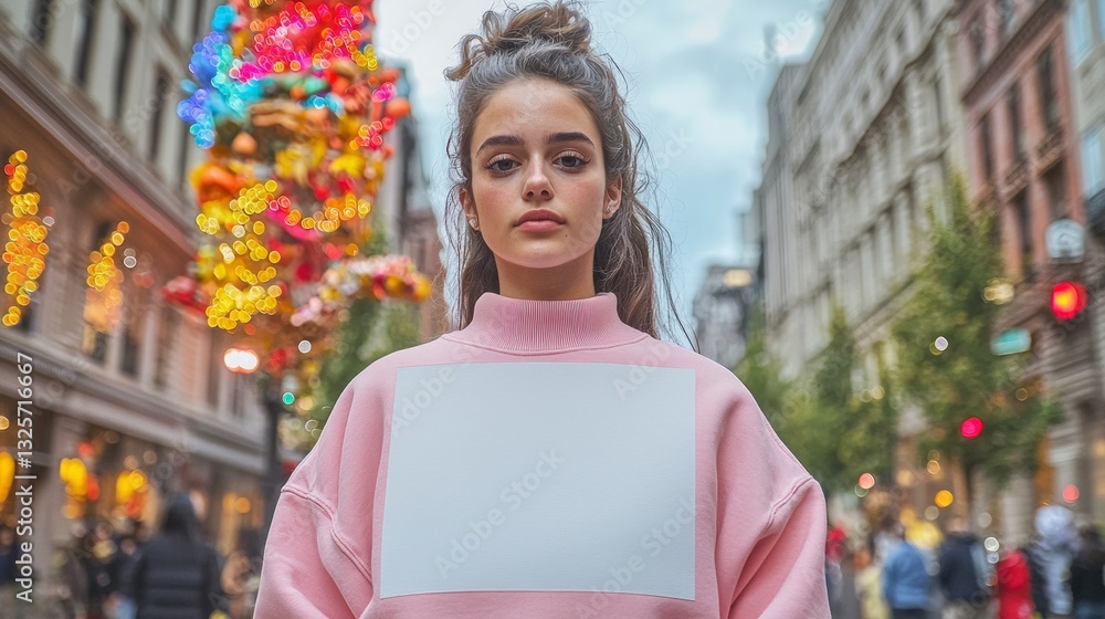 Fototapeta premium City Street Fashion Mockup Pink Sweatshirt Blank Design Space