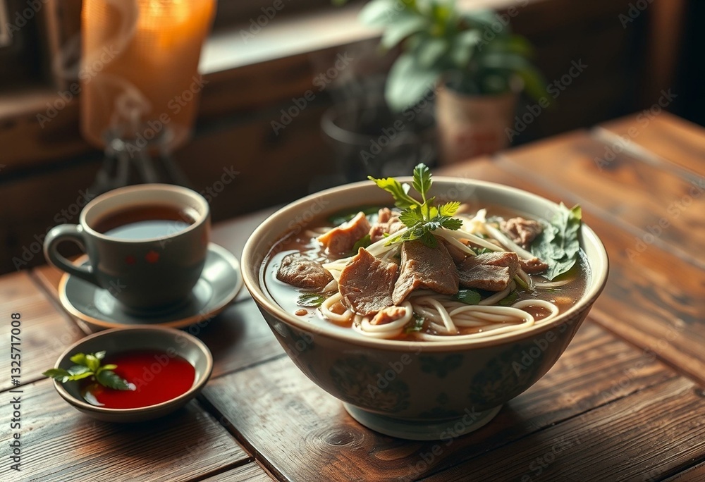 A steaming hot Pho bowl on a rustic wooden table A steaming hot Pho bowl on a rustic wooden table
