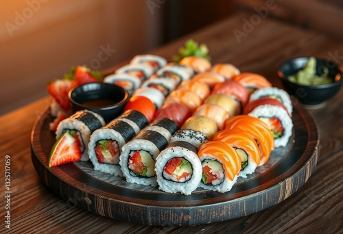 Sushi platter with variety of colors and textures