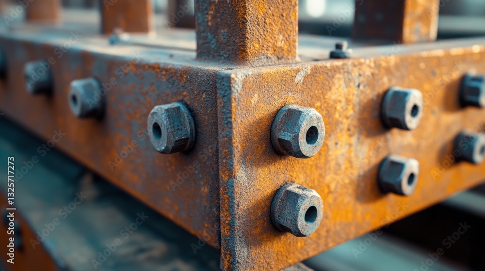 Close-Up View of Rusty Industrial Metal with Hex Nuts and Bolts, Highlighting Weathered Textures and Detailed Surface Features Close-Up View of Rusty Industrial Metal with Hex Nuts and Bolts, Highlighting Weathered Textures and Detailed Surface Features