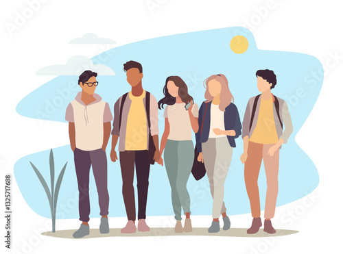Group of young people walking together. Vector illustration flat style.