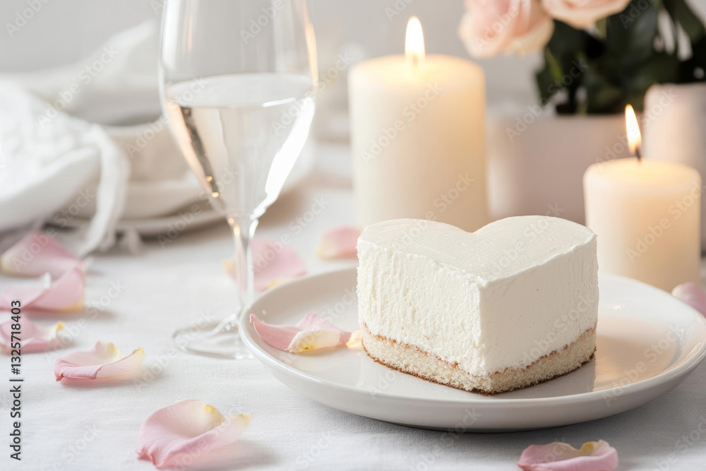 Delicious heart shaped cake on romantic table setting with candles Delicious heart shaped cake on romantic table setting with candles