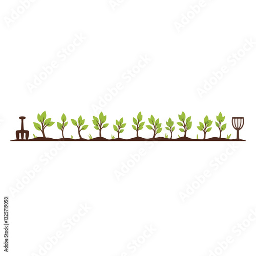 Row of vibrant saplings growing with garden tools, nurturing nature