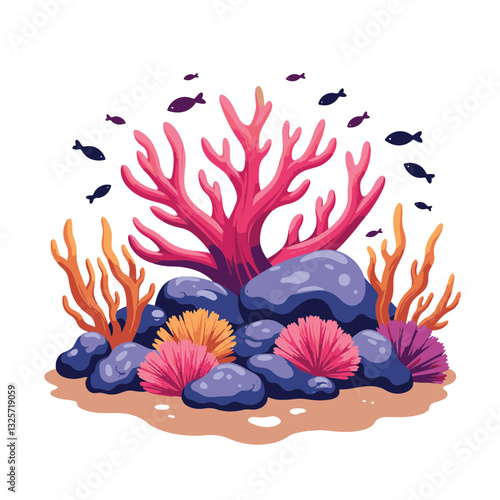 Vibrant coral reef ecosystem illustration on white background, biodiversity