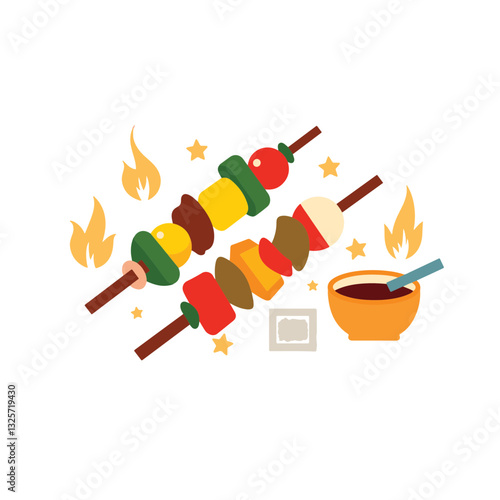 Colorful grilled vegetable skewers with sauce, summer BBQ enjoyment