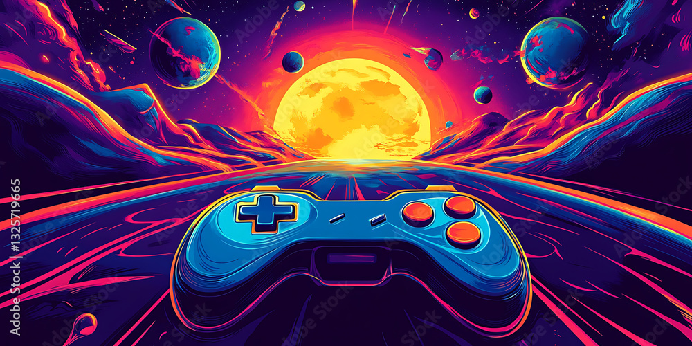 Obraz premium A vibrant video game controller sits ready for action against an intense neon cosmic landscape backdrop for advertising.