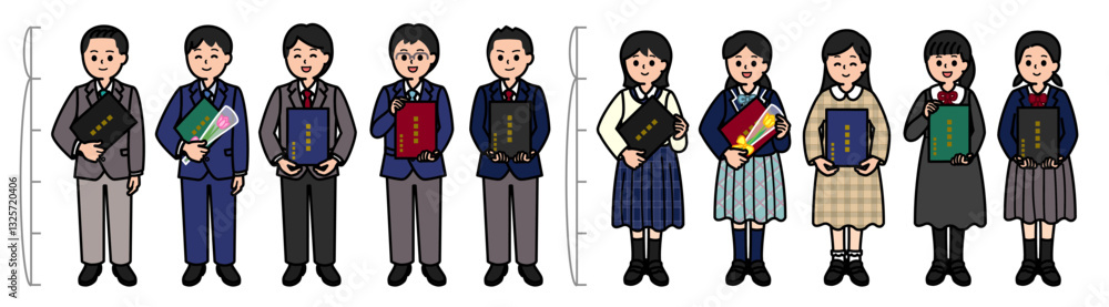 卒業証書を持つ小学生　フォーマルな服装の子ども 頭身低めのセット